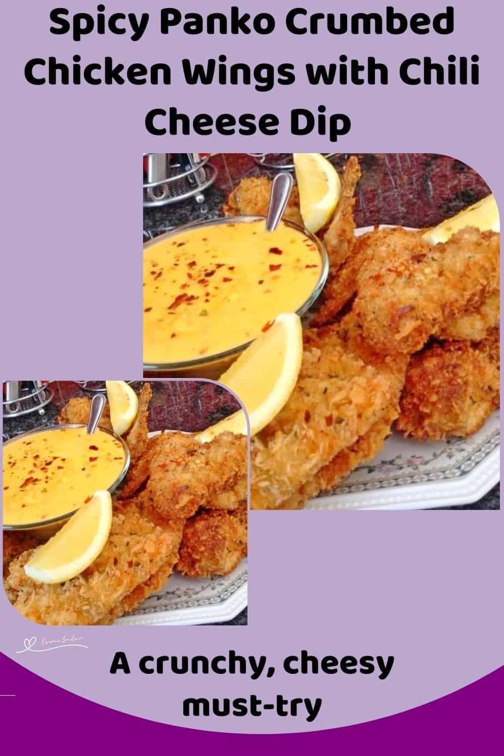 an image of Spicy Panko Crumbed Chicken Wings with cheese dip and lemon slices