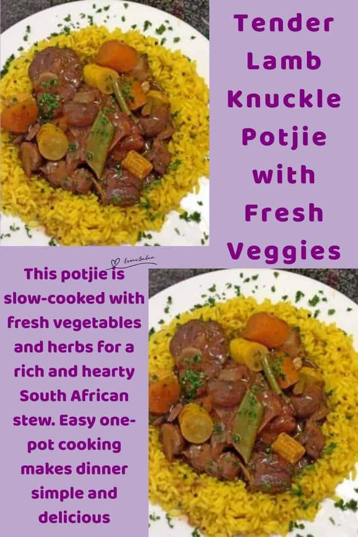 an image of a plate of Lamb Knuckle Potjie on a bed of yellow rice