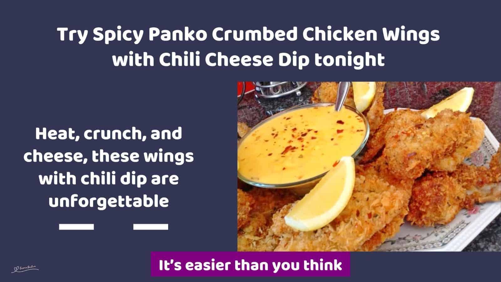 an image of Spicy Panko Crumbed Chicken Wings with cheese dip and lemon slices