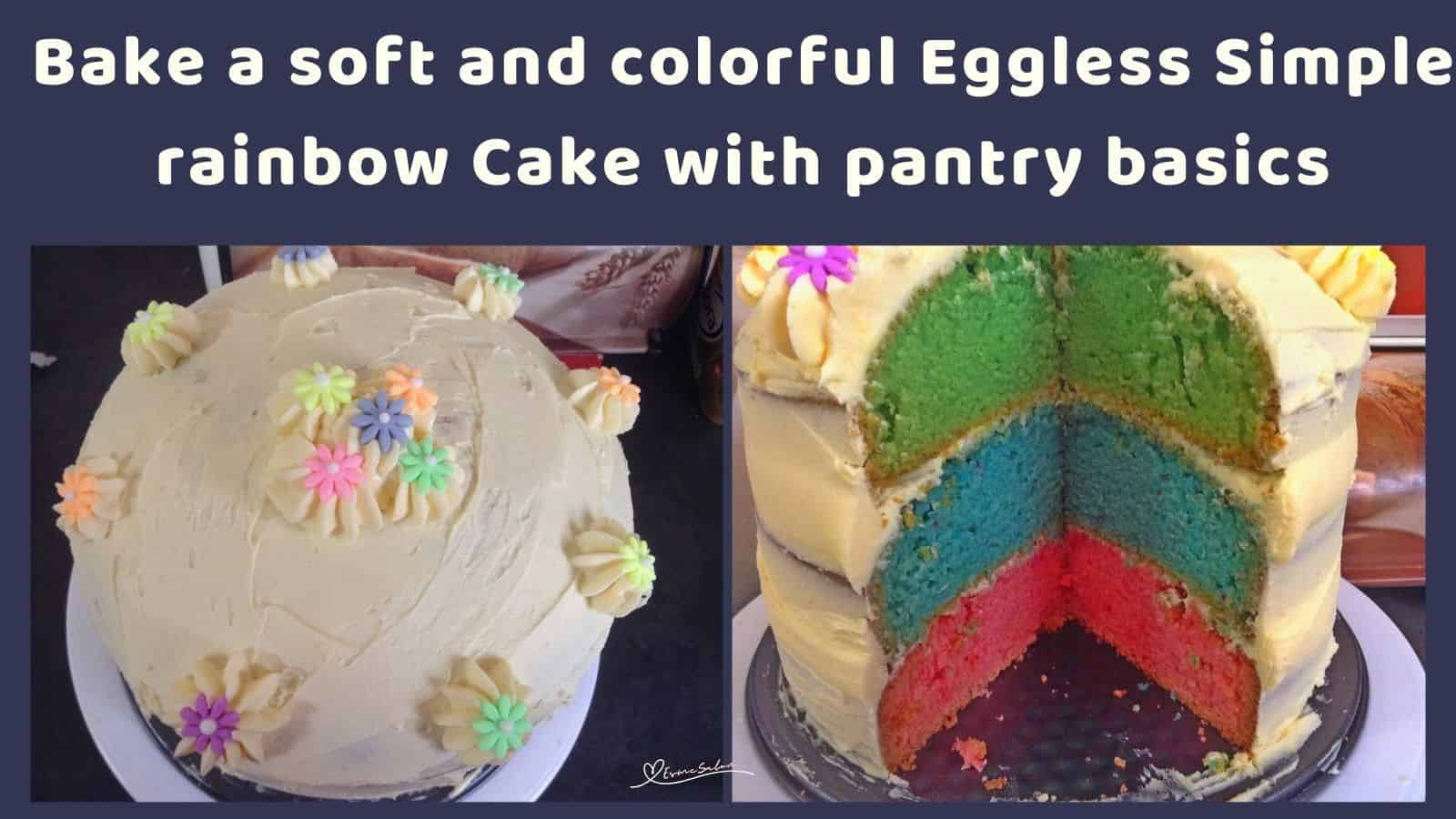 an image of a Simple Eggless Rainbow Cake with 3 layers in different colors