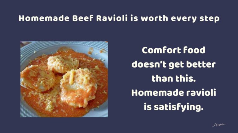 an image of Beef Ravioli in a tomato sauce served in a blue bowl