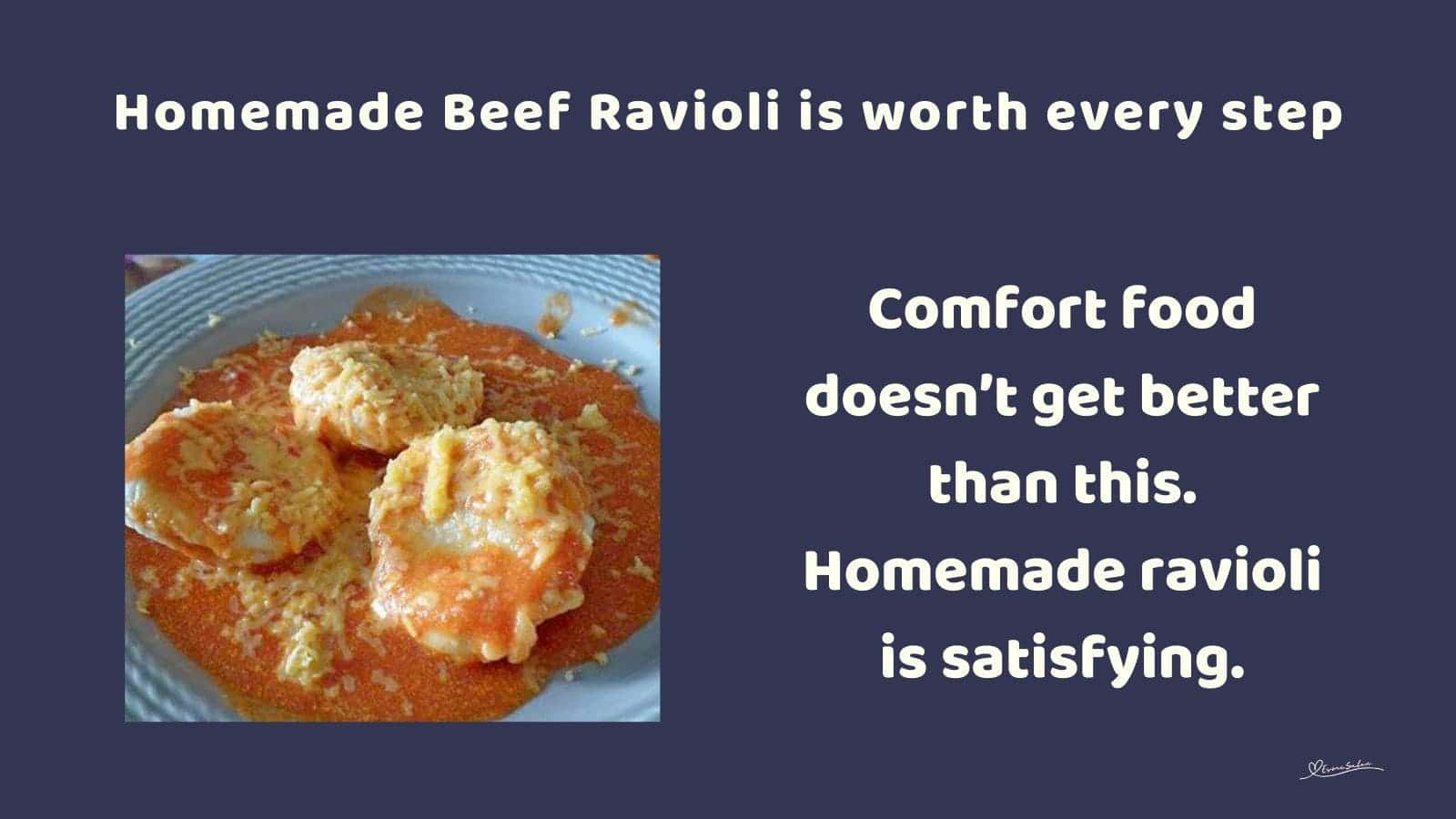 an image of Beef Ravioli in a tomato sauce served in a blue bowl