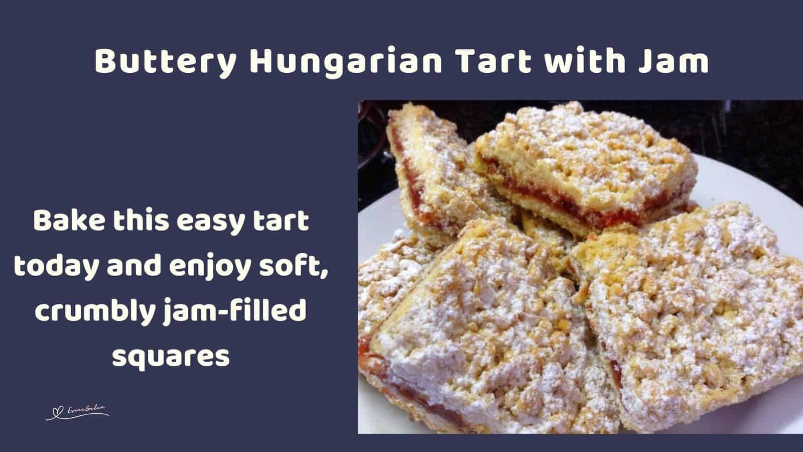 an image of Hungarian Tart with Jam dusted with icing sugar and cut into cubes