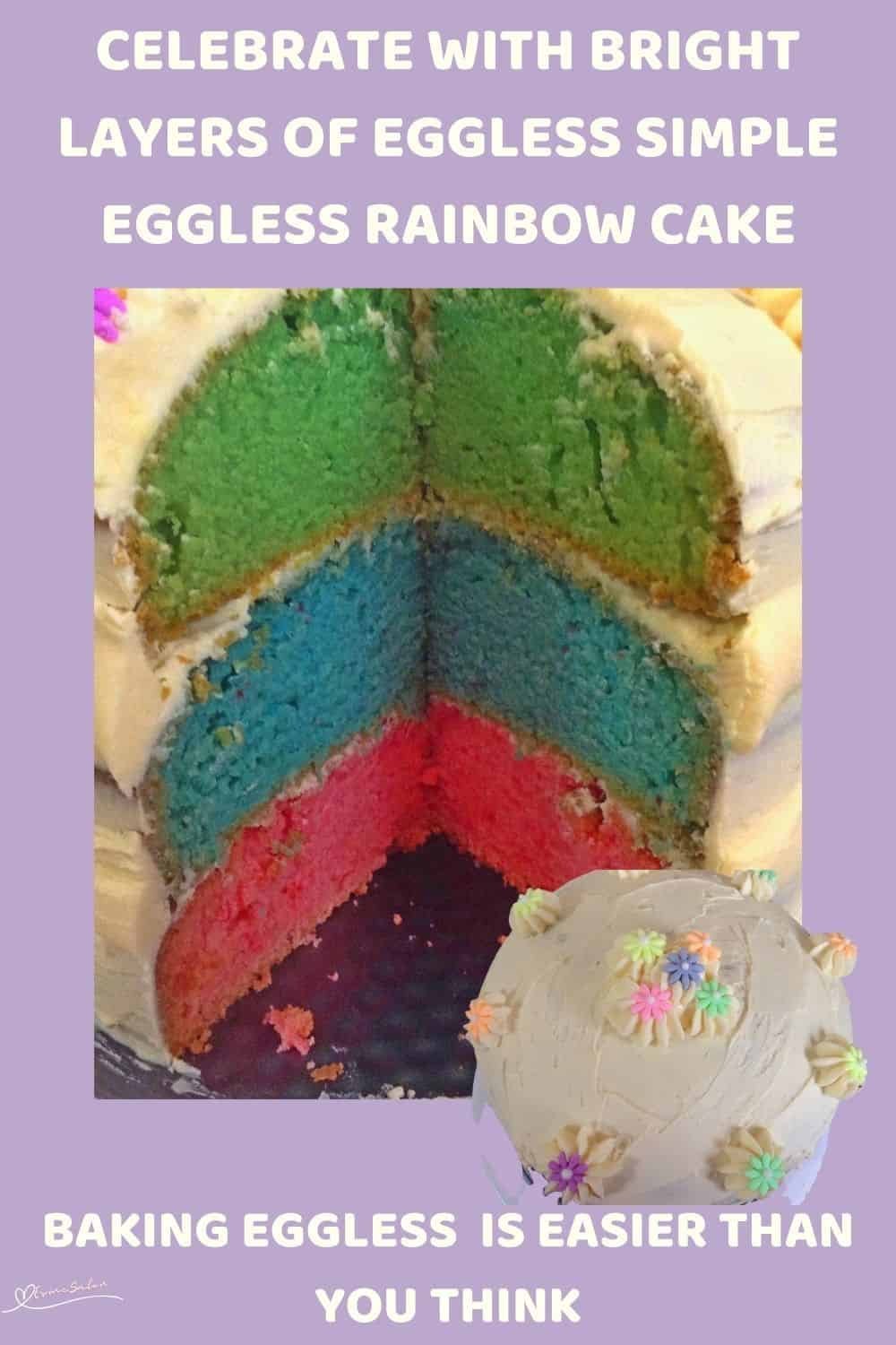 an image of a Simple Eggless Rainbow Cake with 3 layers in different colors