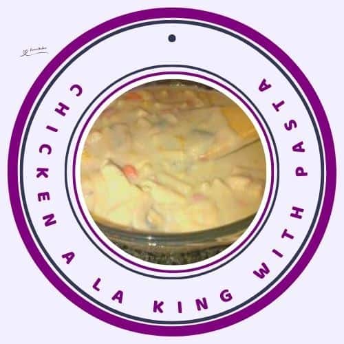 an image of a Pyrex dish with Chicken a La King with Pasta