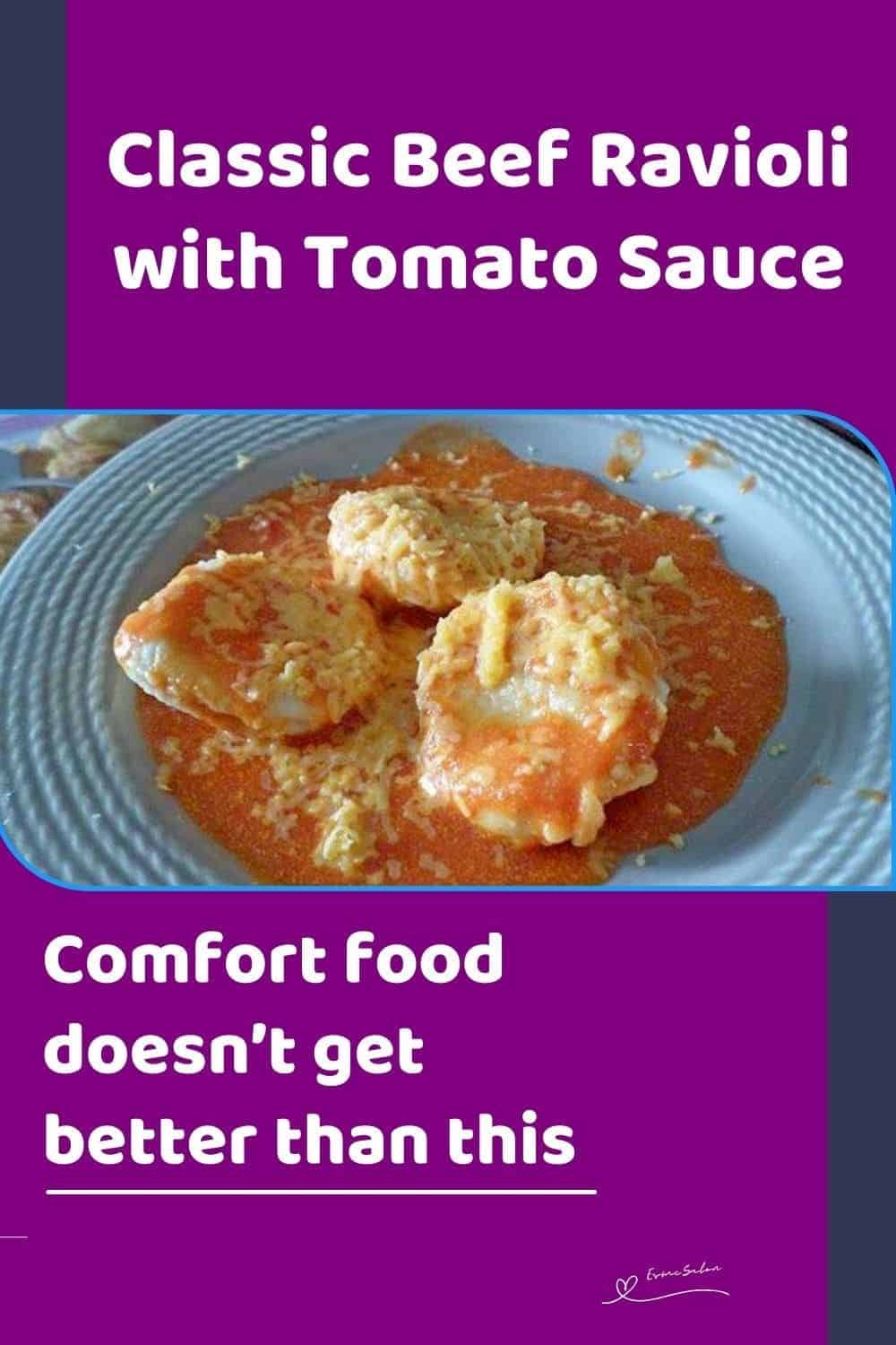 an image of Beef Ravioli in a tomato sauce served in a blue bowl