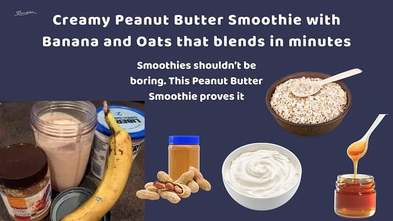 an image of a Peanut Butter Smoothie in a blender mug with a banana and peanut butter bottle on the sided