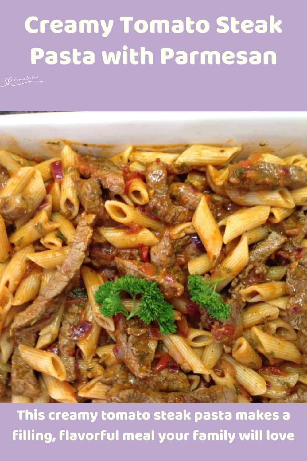 an image of a white platter with a Steak Pasta meal