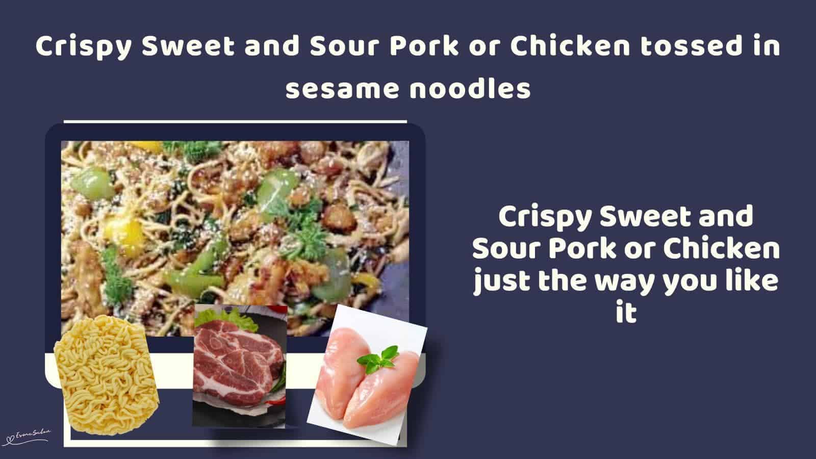 an image of Sweet and Sour Pork or Chicken with Chinese egg noodles