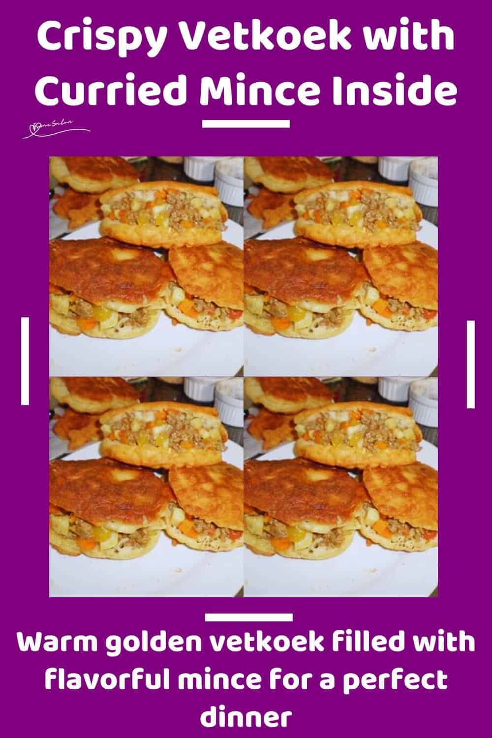 an image of a stack of Vetkoek with Curried Mince in the middle