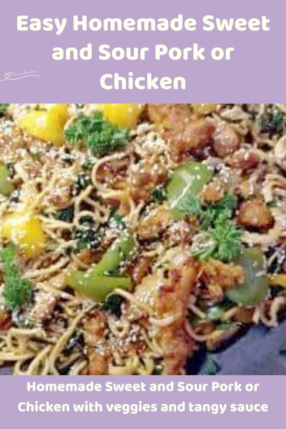 an image of Sweet and Sour Pork or Chicken with Chinese egg noodles