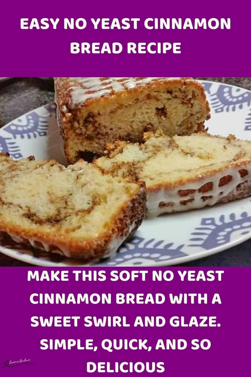 an image of a No Yeast Cinnamon Bread and slices on a mauve pattered platter