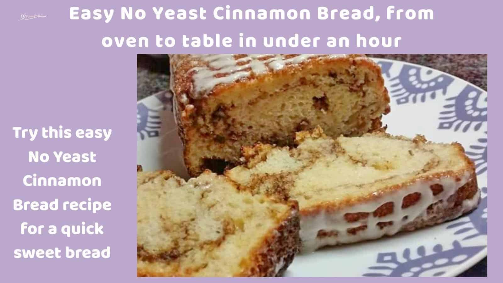 an image of a No Yeast Cinnamon Bread and slices on a mauve pattered platter
