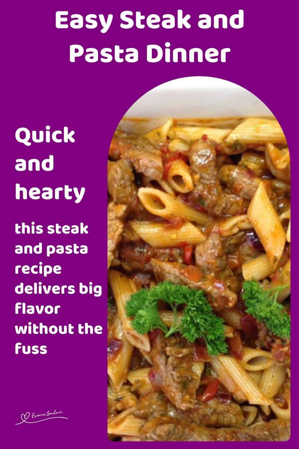 an image of a white platter with a Steak Pasta meal