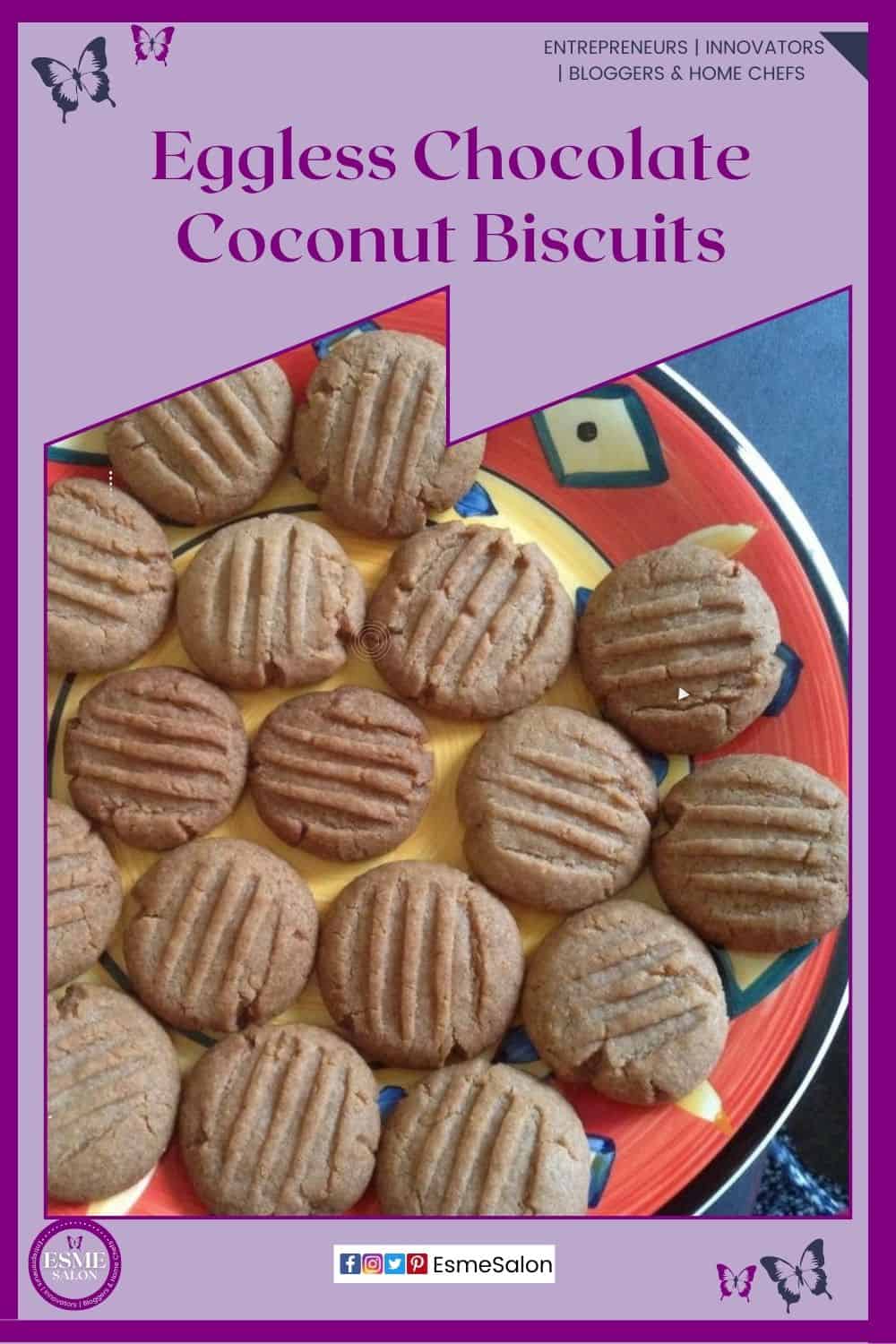 an image of Round and slightly flattened Eggless Chocolate Coconut Biscuits