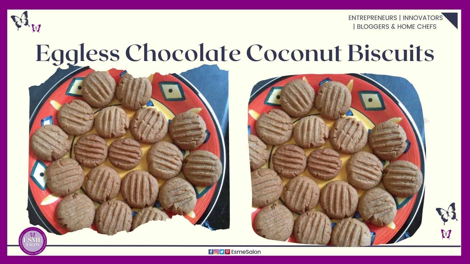 an image of Round and slightly flattened Eggless Chocolate Coconut Biscuits