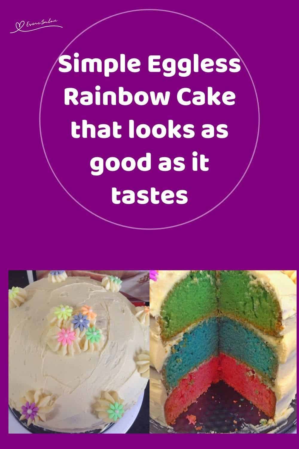 an image of a Simple Eggless Rainbow Cake with 3 layers in different colors