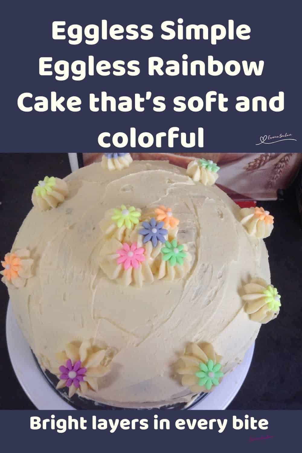 an image of a Simple Eggless Rainbow Cake with 3 layers in different colors