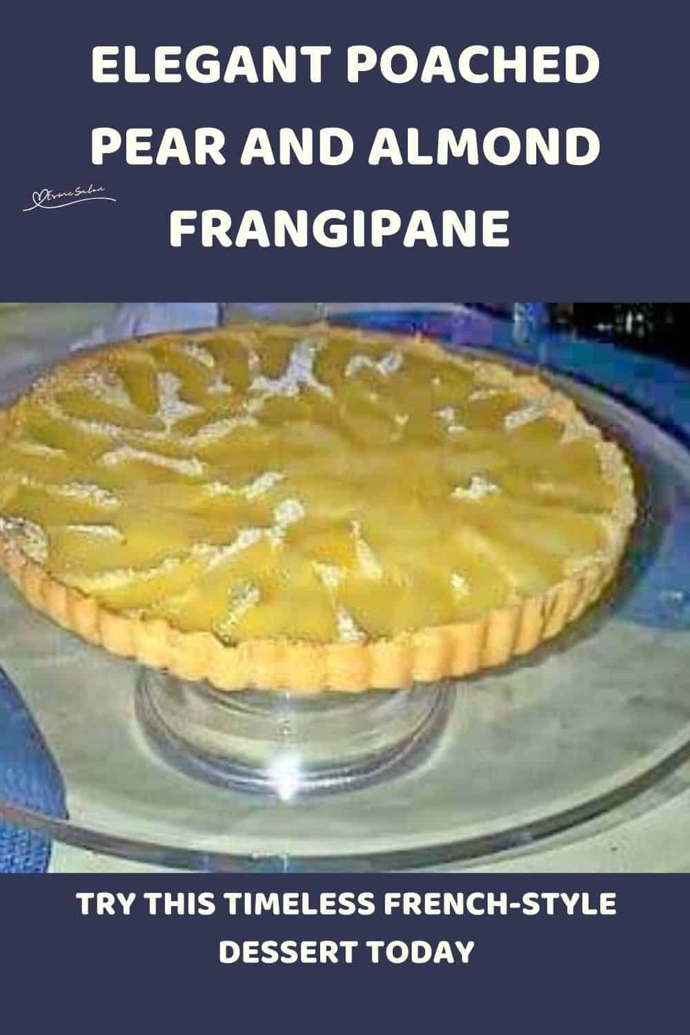 an image of a Poached Pear and Almond Frangipane on a cake stand
