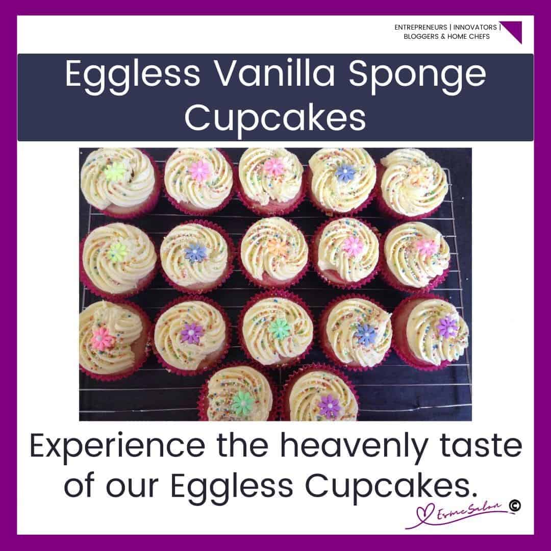 an image of a tray filled with Vanilla Egg-free cupcakes decorated with buttercream
