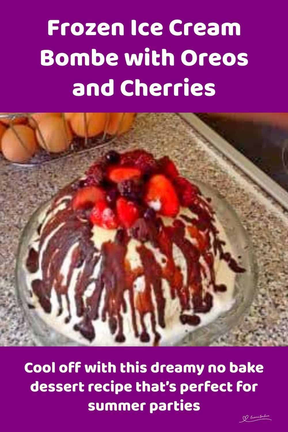 an image of an Ice Cream Bombe with chocolate drizzle and topped with strawberries