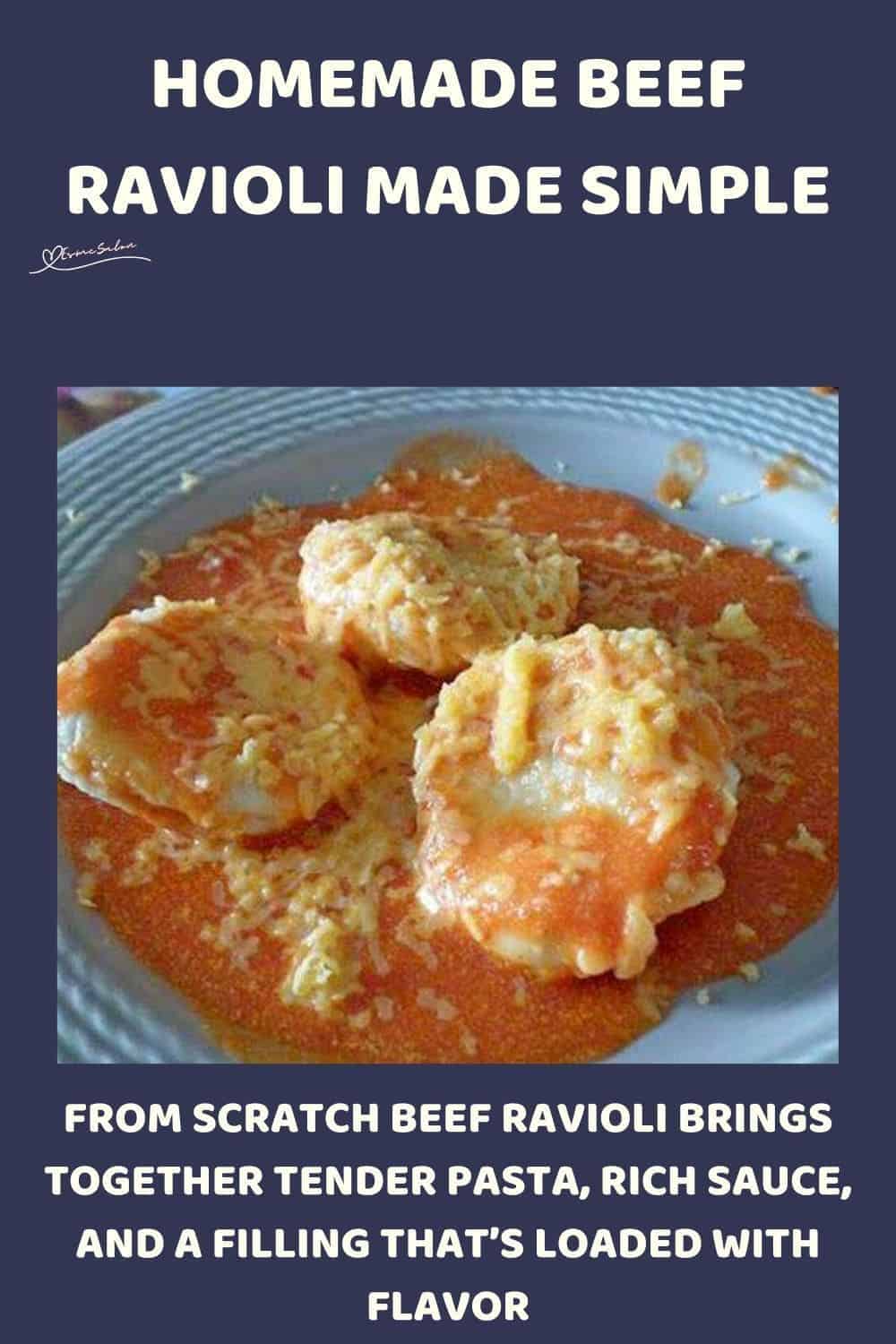 an image of Beef Ravioli in a tomato sauce served in a blue bowl