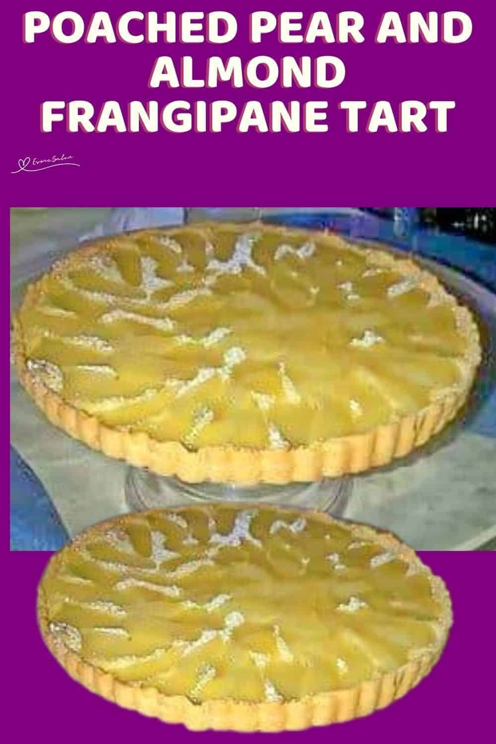 an image of a Poached Pear and Almond Frangipane on a cake stand
