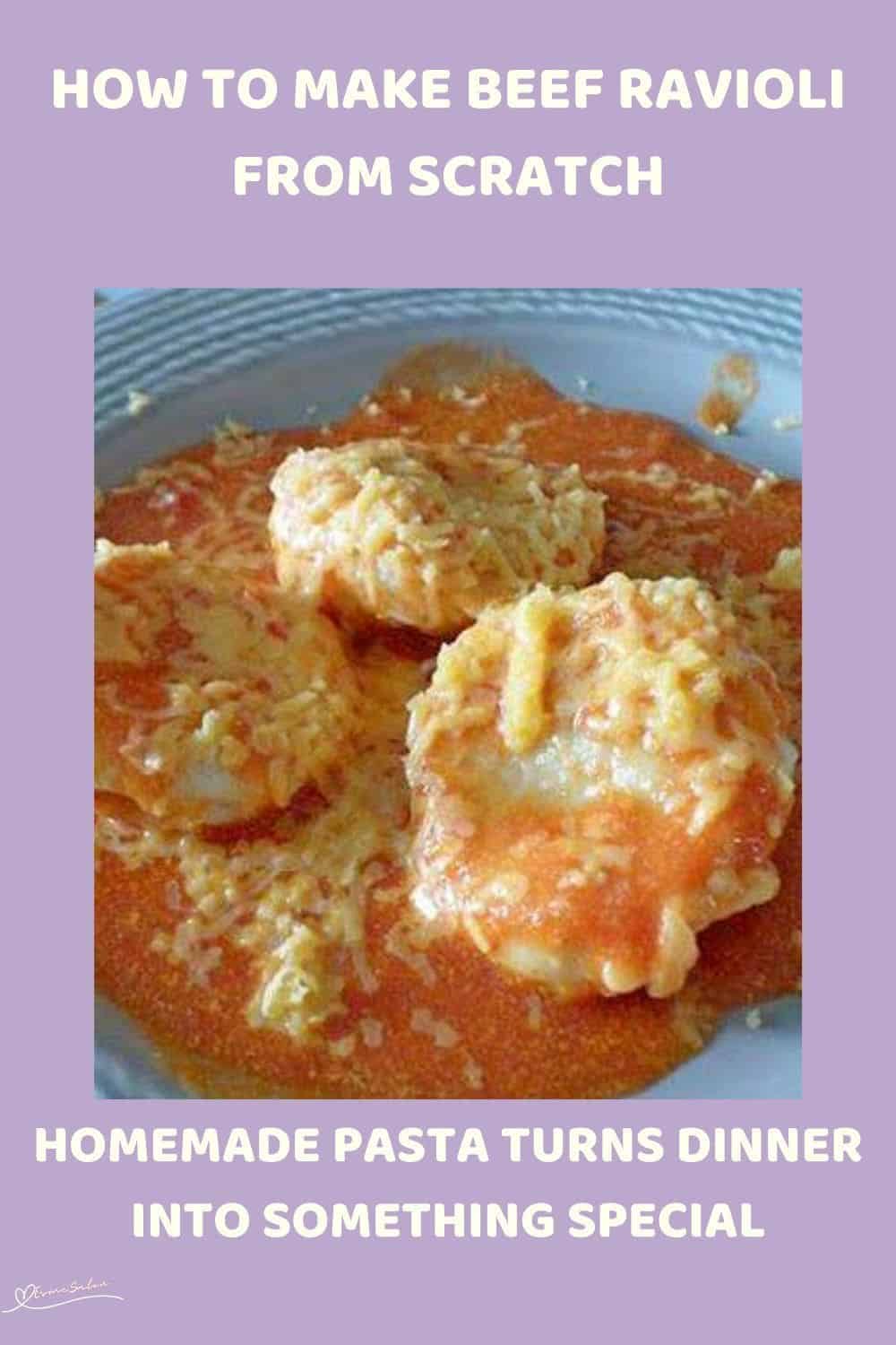 an image of Beef Ravioli in a tomato sauce served in a blue bowl