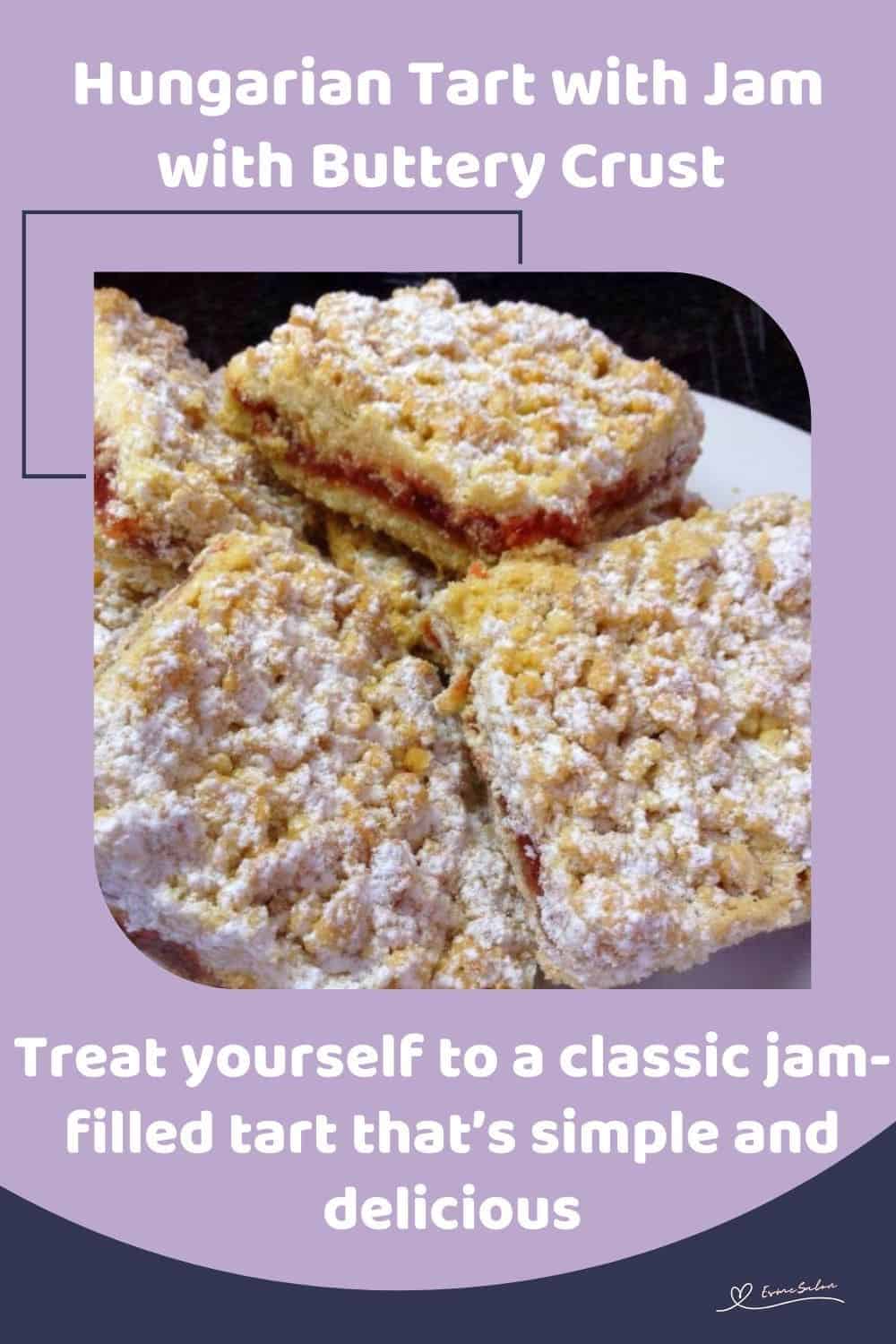 an image of Hungarian Tart with Jam dusted with icing sugar and cut into cubes