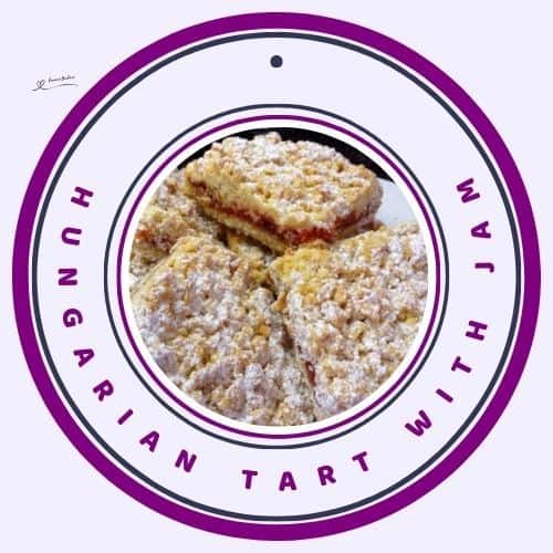 an image of Hungarian Tart with Jam dusted with icing sugar and cut into cubes