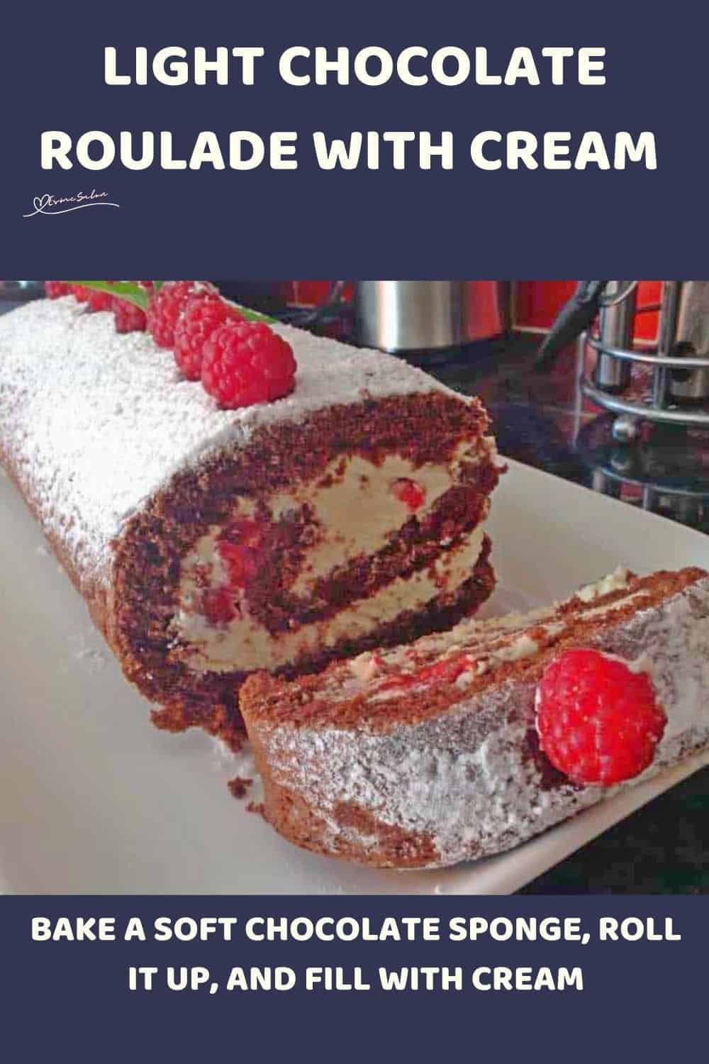 an image of a Chocolate Roulade with cream and raspberries