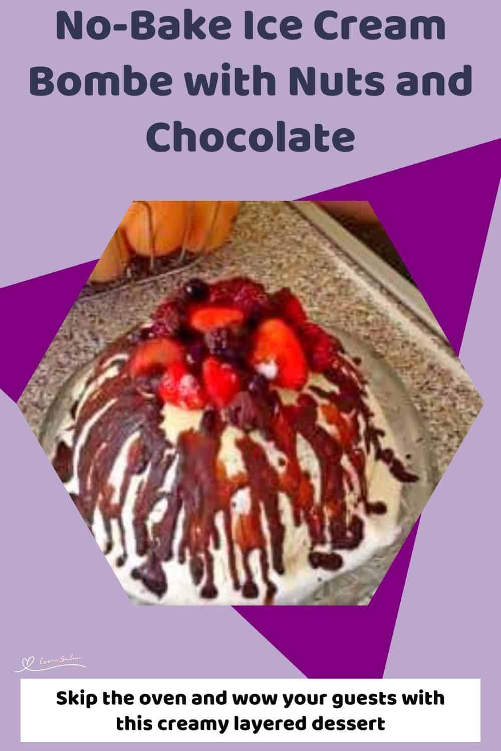 an image of an Ice Cream Bombe with chocolate drizzle and topped with strawberries