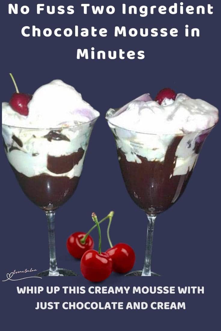 an image of 2 glasses with Two Ingredient Chocolate Mousse and topped with a cherry
