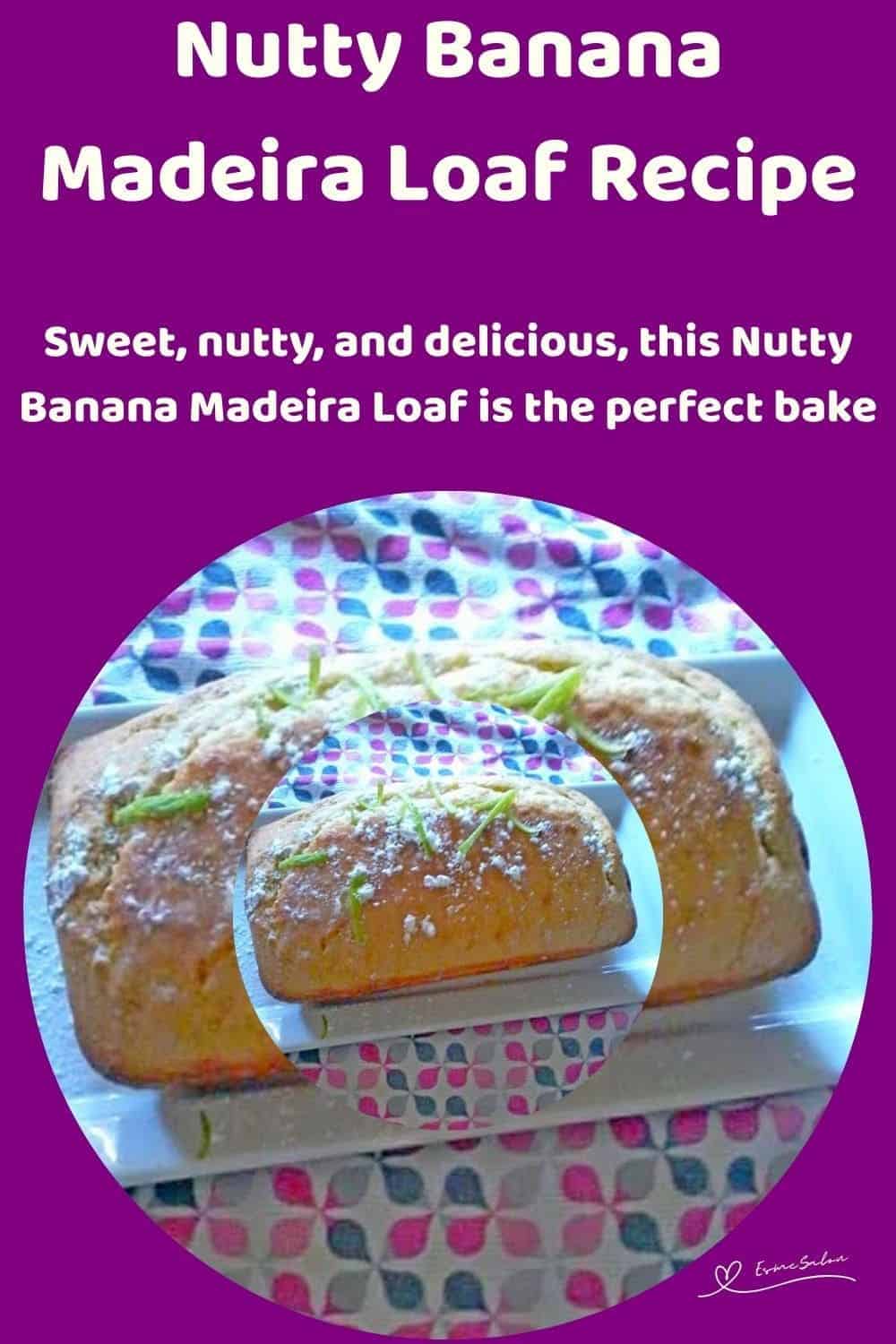 an image of a Nutty Banana Madeira Loaf topped with grated lemon rind