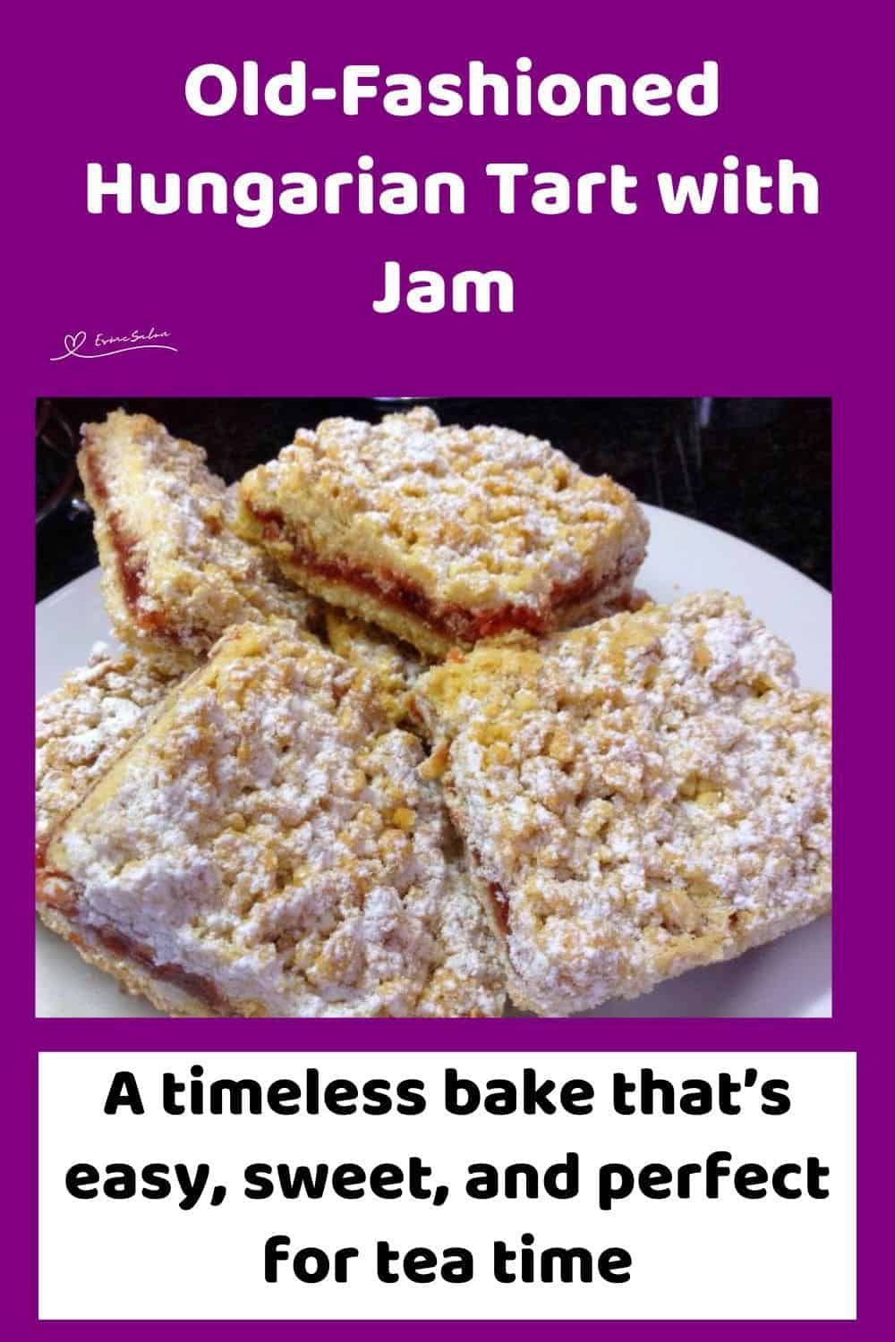 an image of Hungarian Tart with Jam dusted with icing sugar and cut into cubes