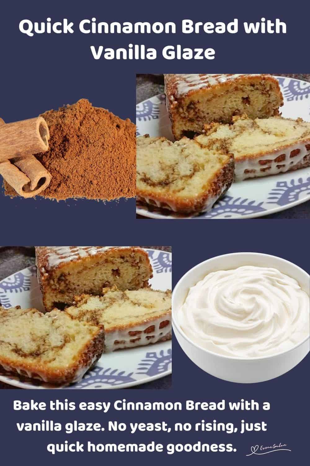 an image of a No Yeast Cinnamon Bread and slices on a mauve pattered platter