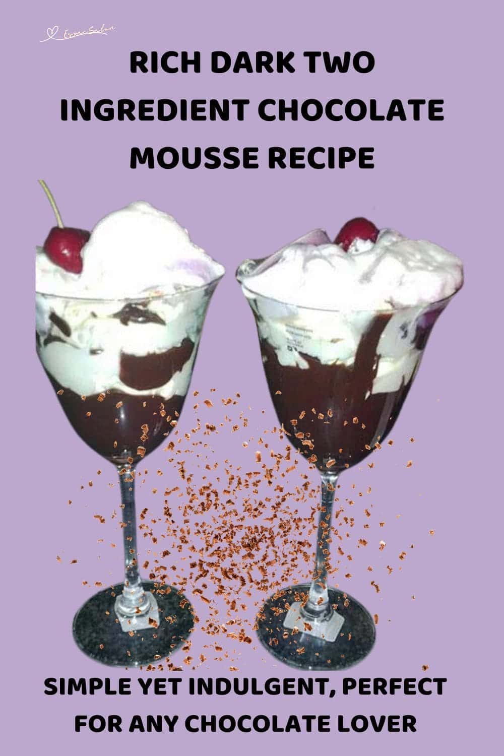 an image of 2 glasses with Two Ingredient Chocolate Mousse and topped with a cherry