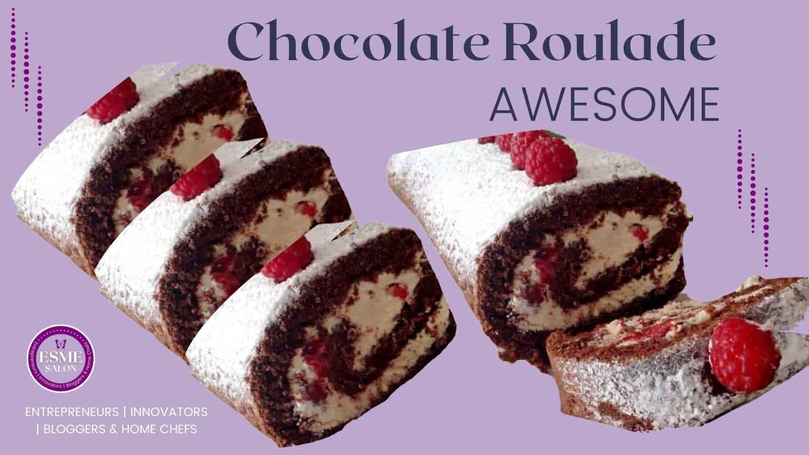 Chocolate Roulade with fresh cream and raspberries on top of white powdered sugar