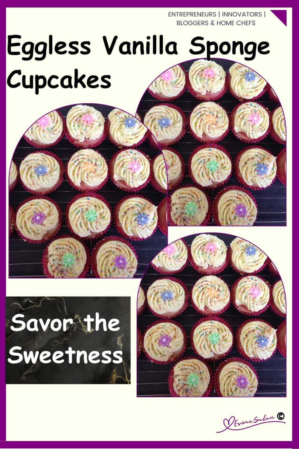 an image of a tray filled with Vanilla Egg-free cupcakes decorated with buttercream