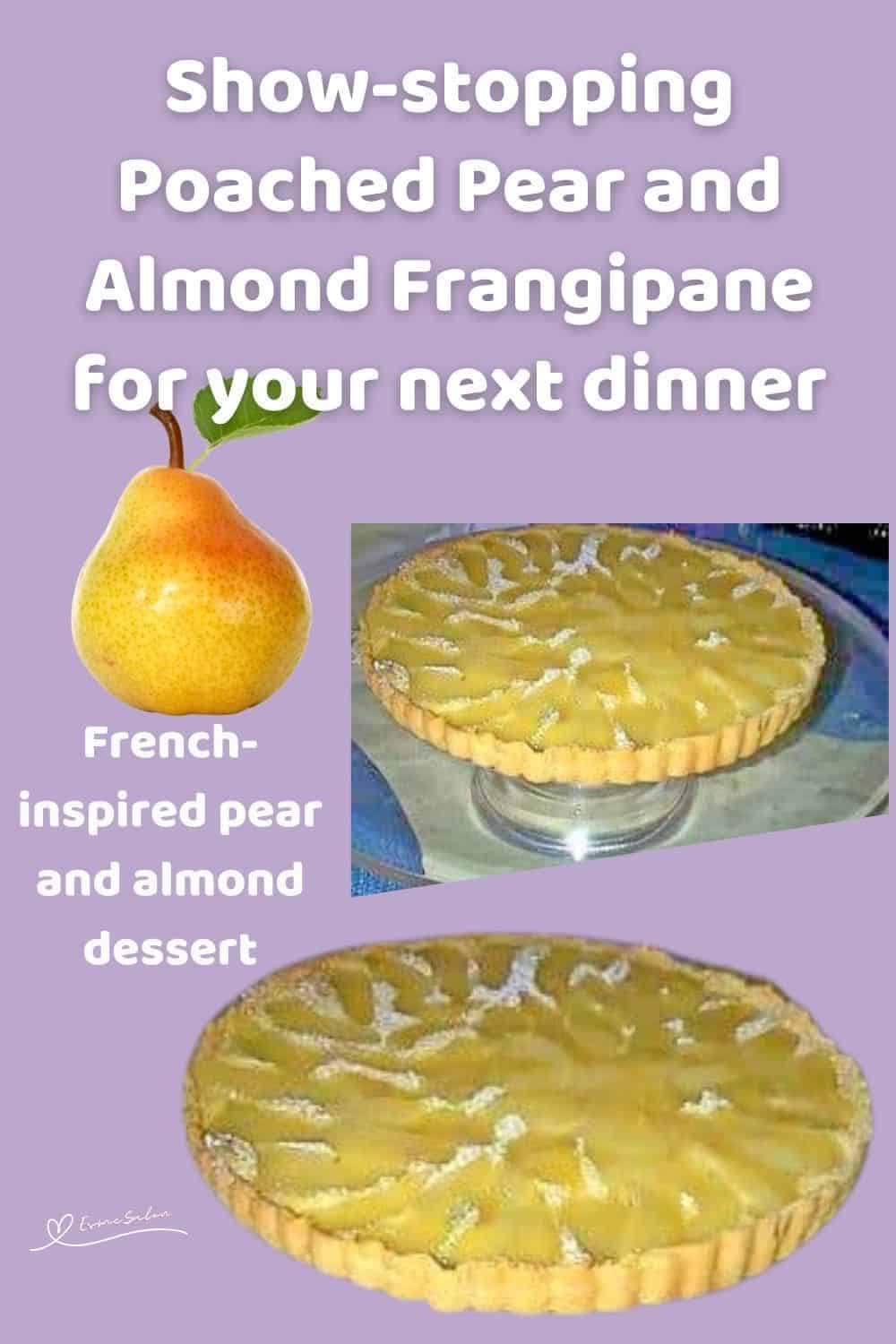 an image of a Poached Pear and Almond Frangipane on a cake stand