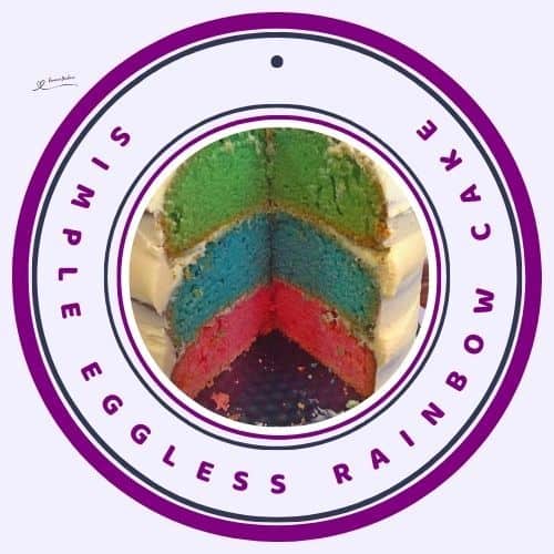 an image of a Simple Eggless Rainbow Cake with 3 layers in different colors