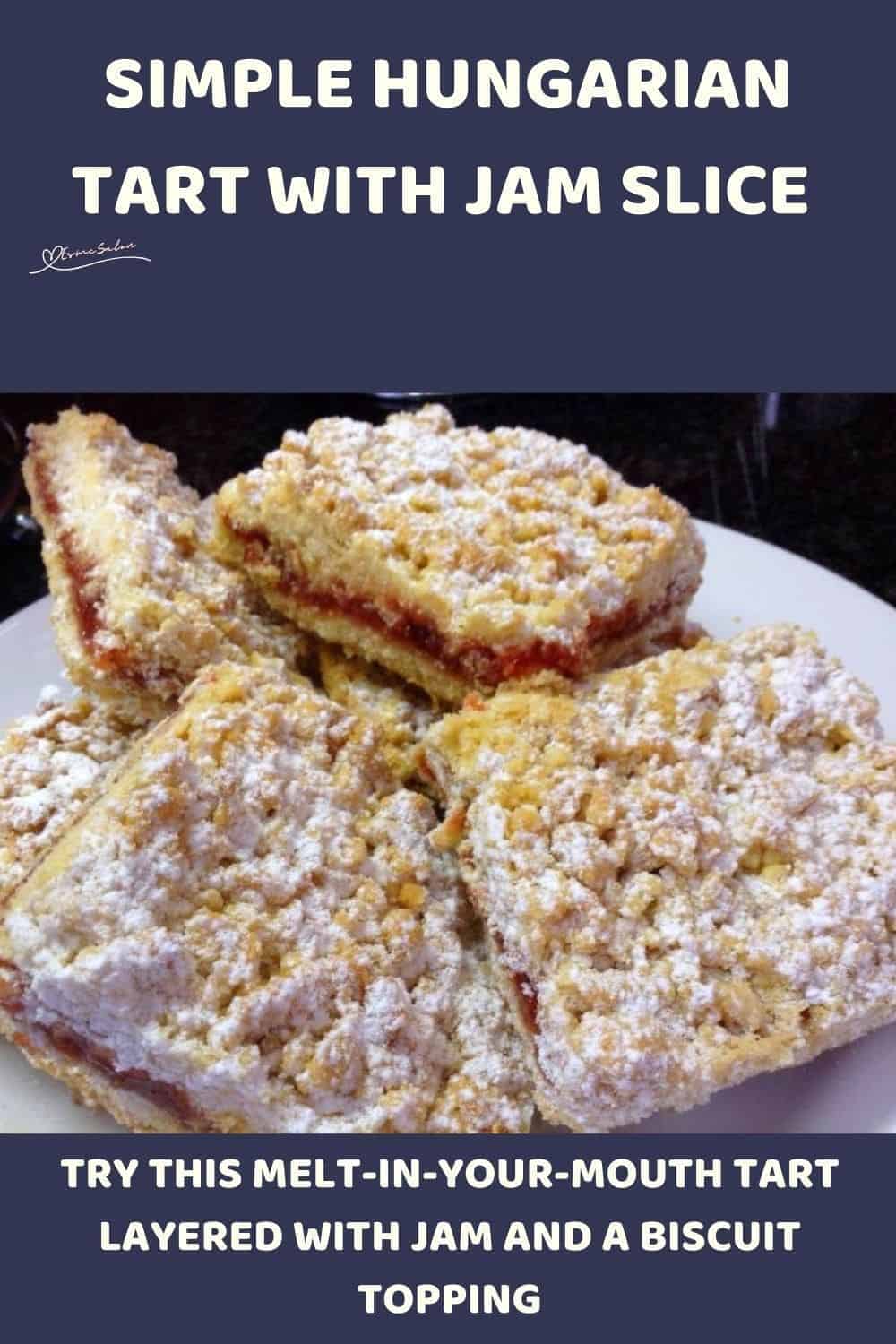 an image of Hungarian Tart with Jam dusted with icing sugar and cut into cubes