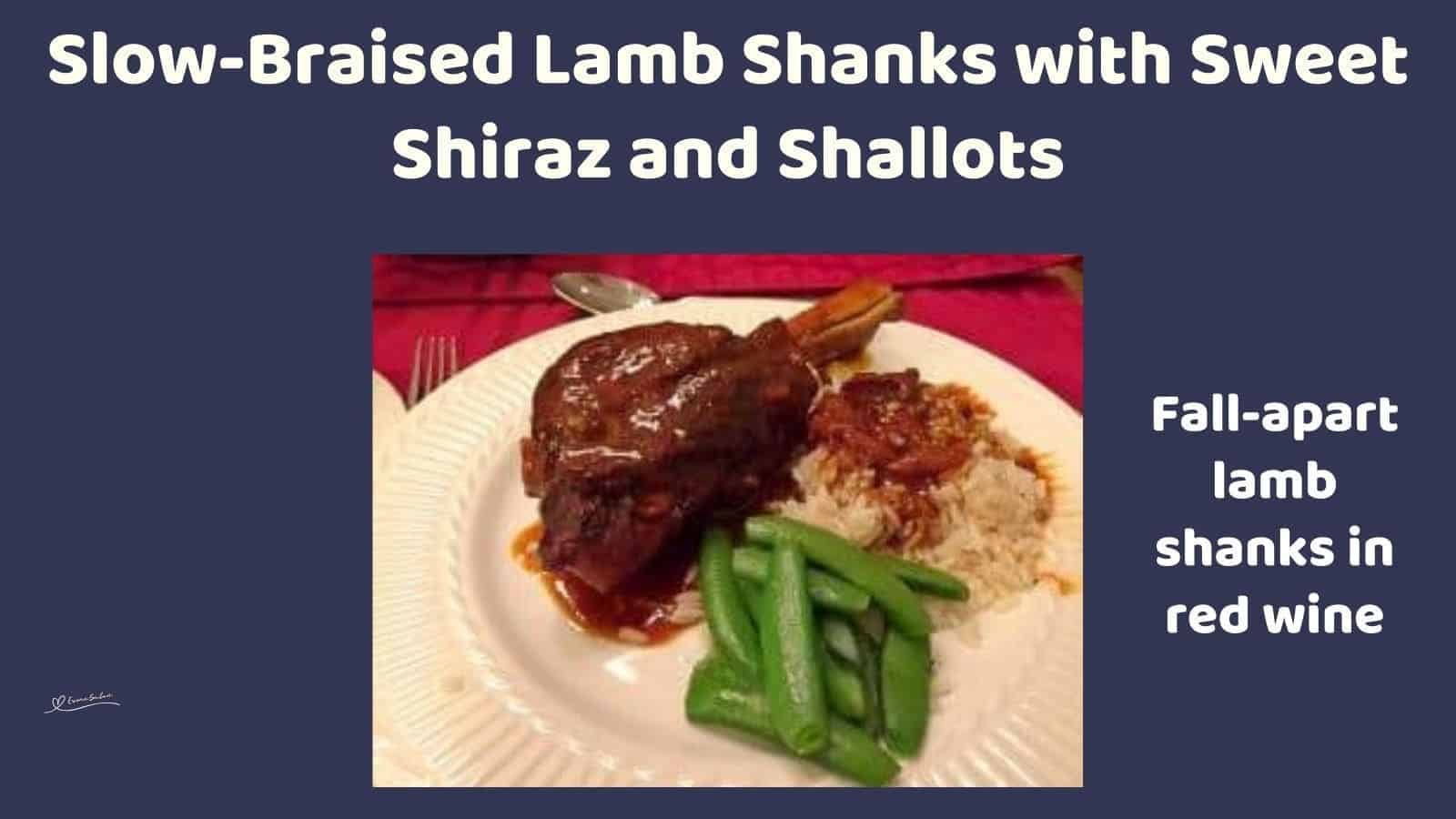 an image of Slow-Braised Lamb Shanks with rice and green veggies