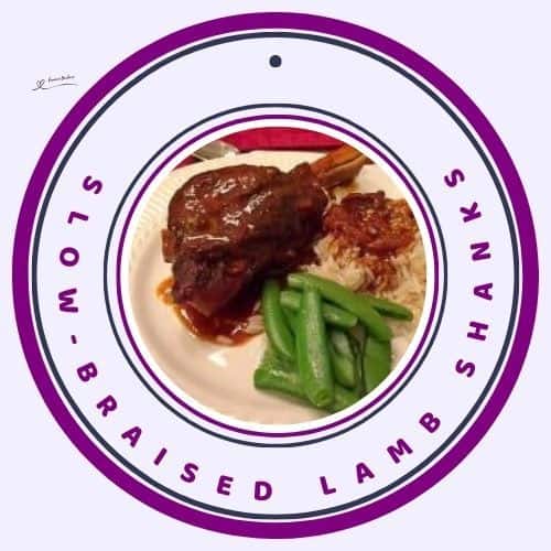 an image of Slow-Braised Lamb Shanks with rice and green veggies