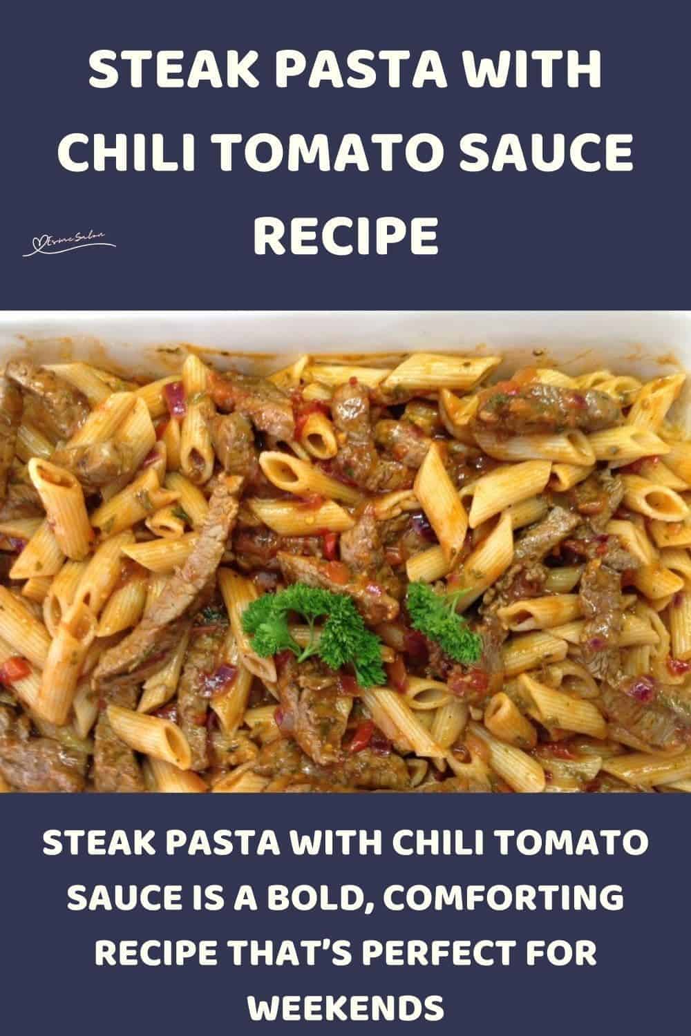 an image of a white platter with a Steak Pasta meal