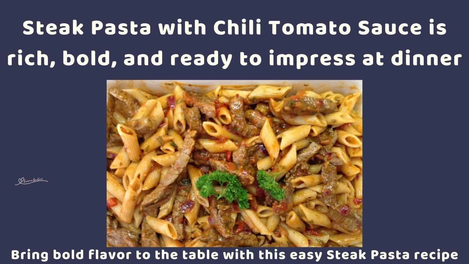 an image of a white platter with a Steak Pasta meal