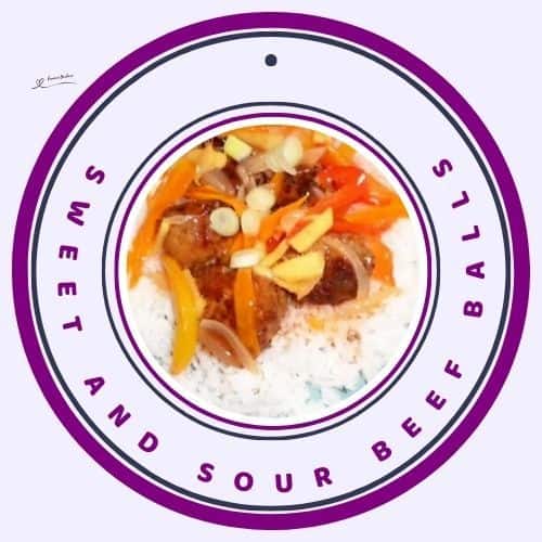 an image of Sweet and Sour Beef Balls served on rice