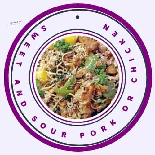 an image of Sweet and Sour Pork or Chicken with Chinese egg noodles