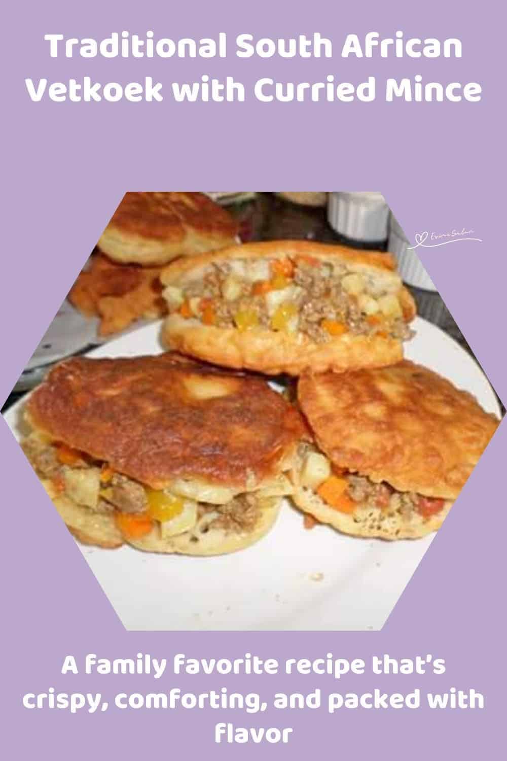 an image of a stack of Vetkoek with Curried Mince in the middle