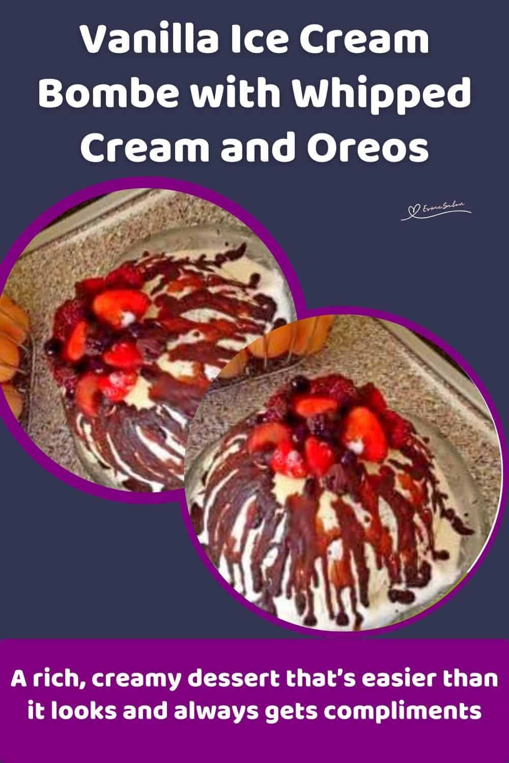 an image of an Ice Cream Bombe with chocolate drizzle and topped with strawberries